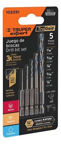 JUEGO BROCAS DRILL BIT 1/16  3/32  1/8  3/16  1/4 EXPERT MARCA TRUPER