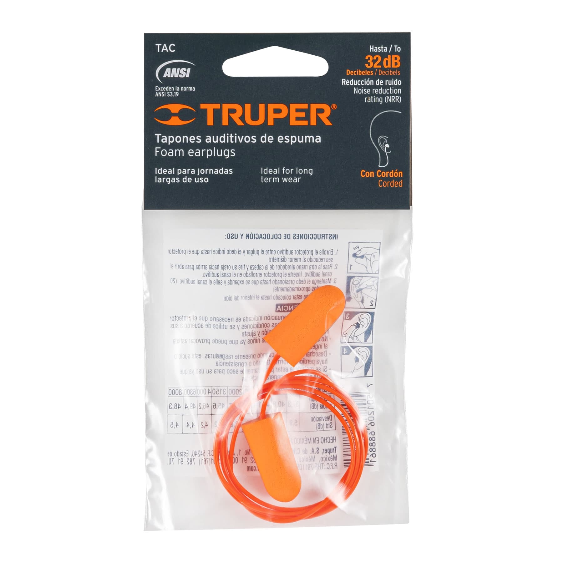 TAPON AUDITIVO  DESECHABLE DE ESPUMA CON CORDON MARCA TRUPER