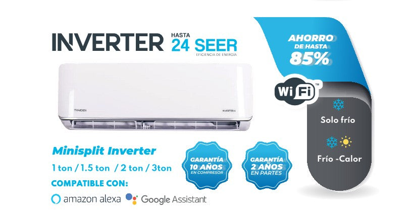 JUEGO MINISPLIT TRAIDENT SOLO FRIO INVERTER 1.5 TON. 220/1/60 24 SEER R 410A MARCA SEER