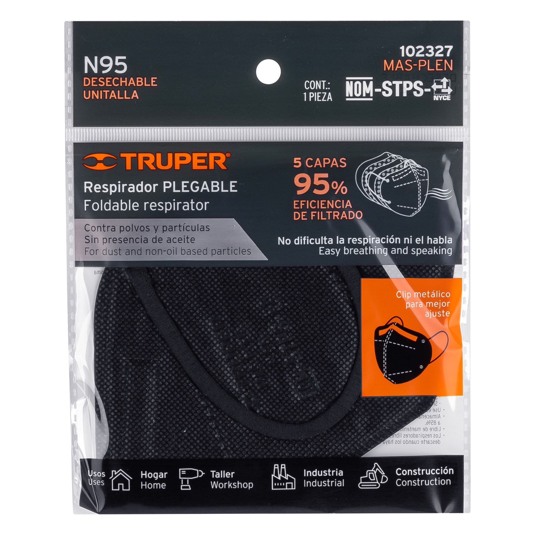 RESPIRADOR PLEGABLE N95 NEGRO MARCA TRUPER