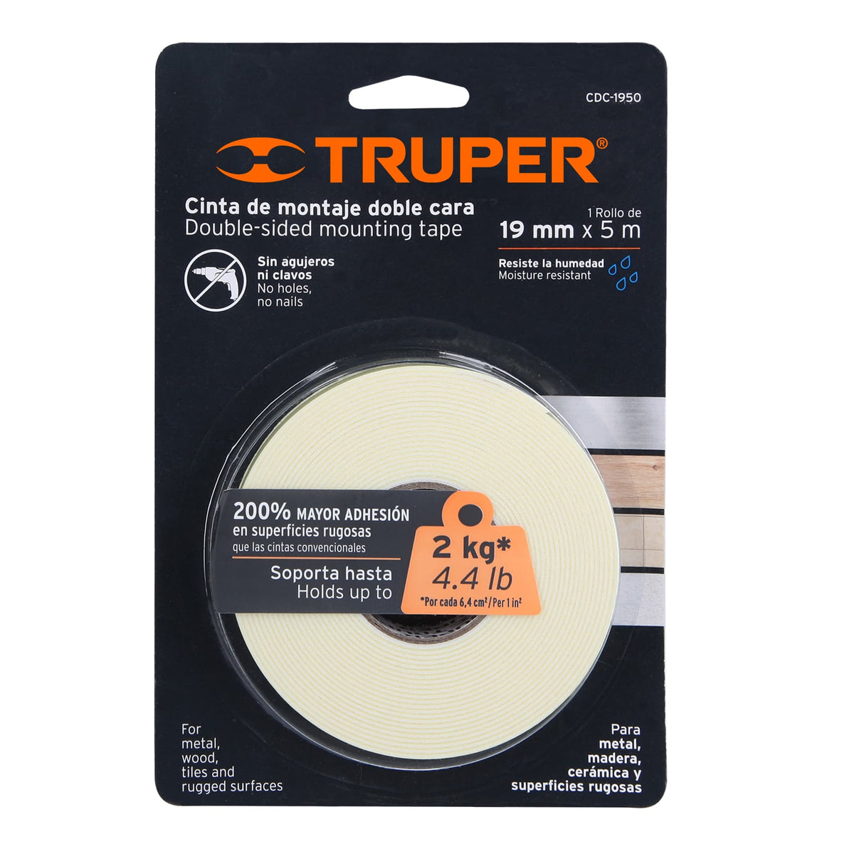 CINTA DE MONTAJE DOBLE CARA 19MM X 5 M MARCA TRUPER