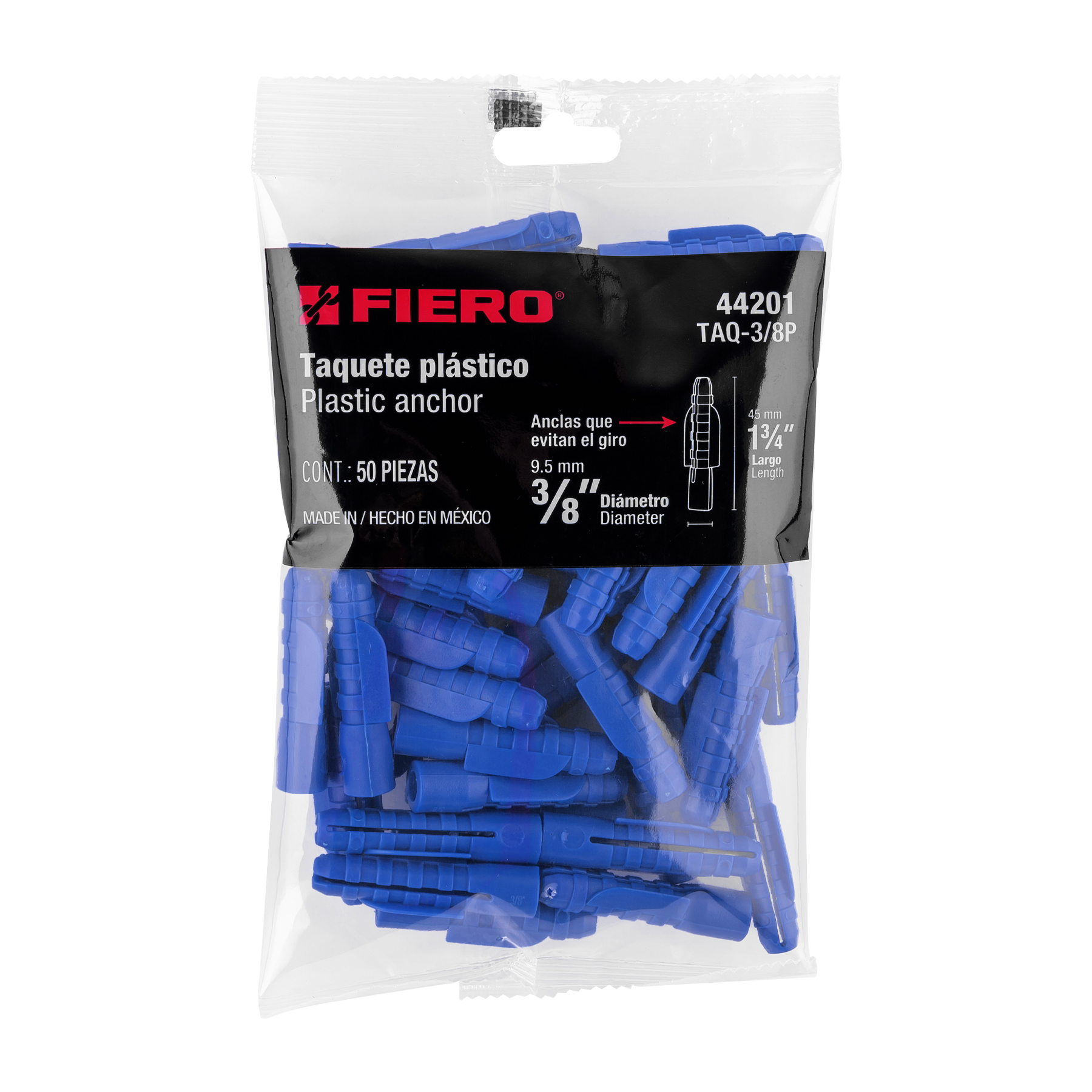 TAQUETE PLASTICO AZUL DE 3/8 MARCA TRUPER