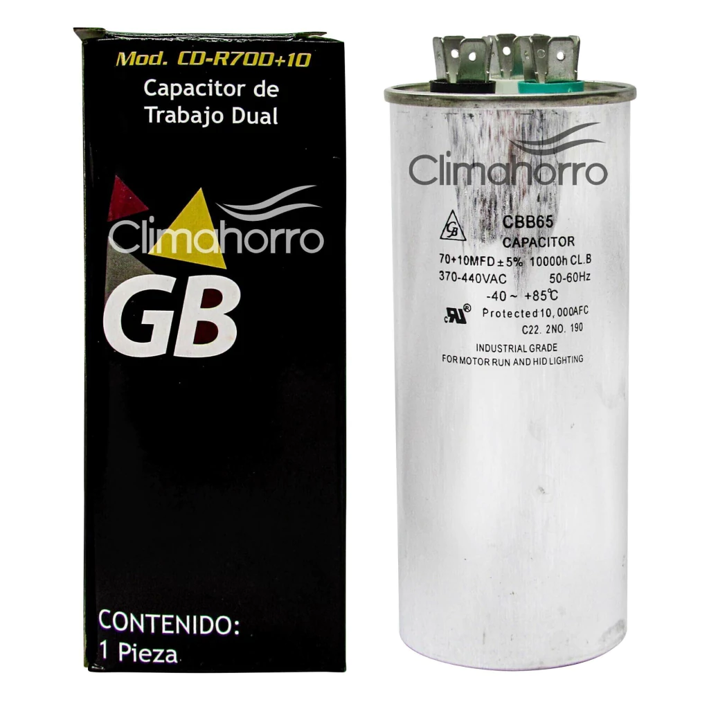 CAPACITOR DUAL 70+10 MFD VOLTAJE DUAL 370/440 VAC MARCA  GB