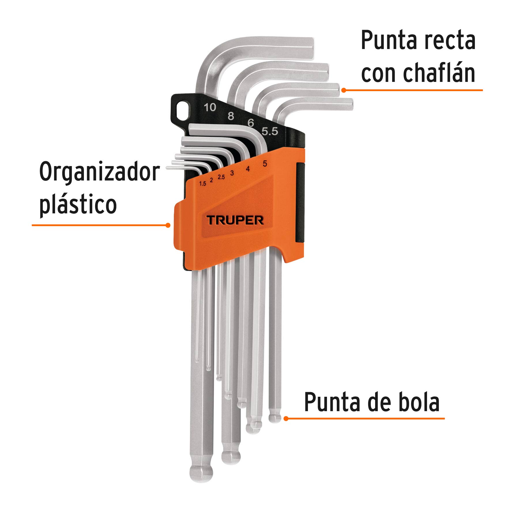 JUEGO 10 LLAVES ALLEN MILIMETRICAS PUNTA BOLA CON ORGANIZADOR MARCA TRUPER