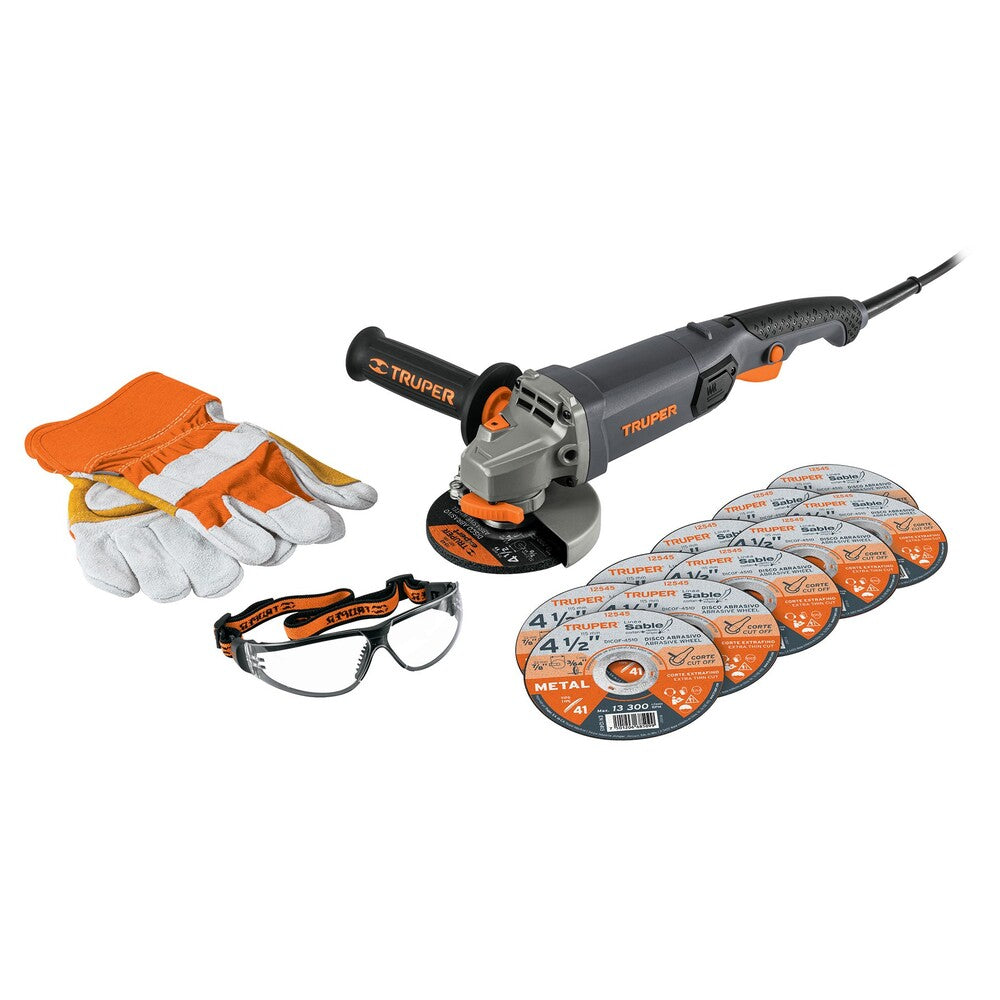 ESMERILADORA 4 1/2 950W INCLUYE DISCOS, LENTES Y GUANTES MARCA TRUPER