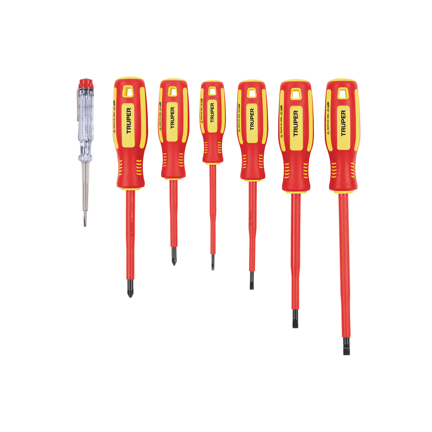 JUEGO  6 DESARMADORES DIELECTRICOS Y 1 PROBADOR  CORRIENTE MARCA TRUPER
