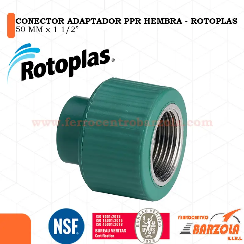 CONECTOR PPR ROSCA INTERIOR 50 X 1 1/2 TUBOPLUS MARCA ROTOPLAS