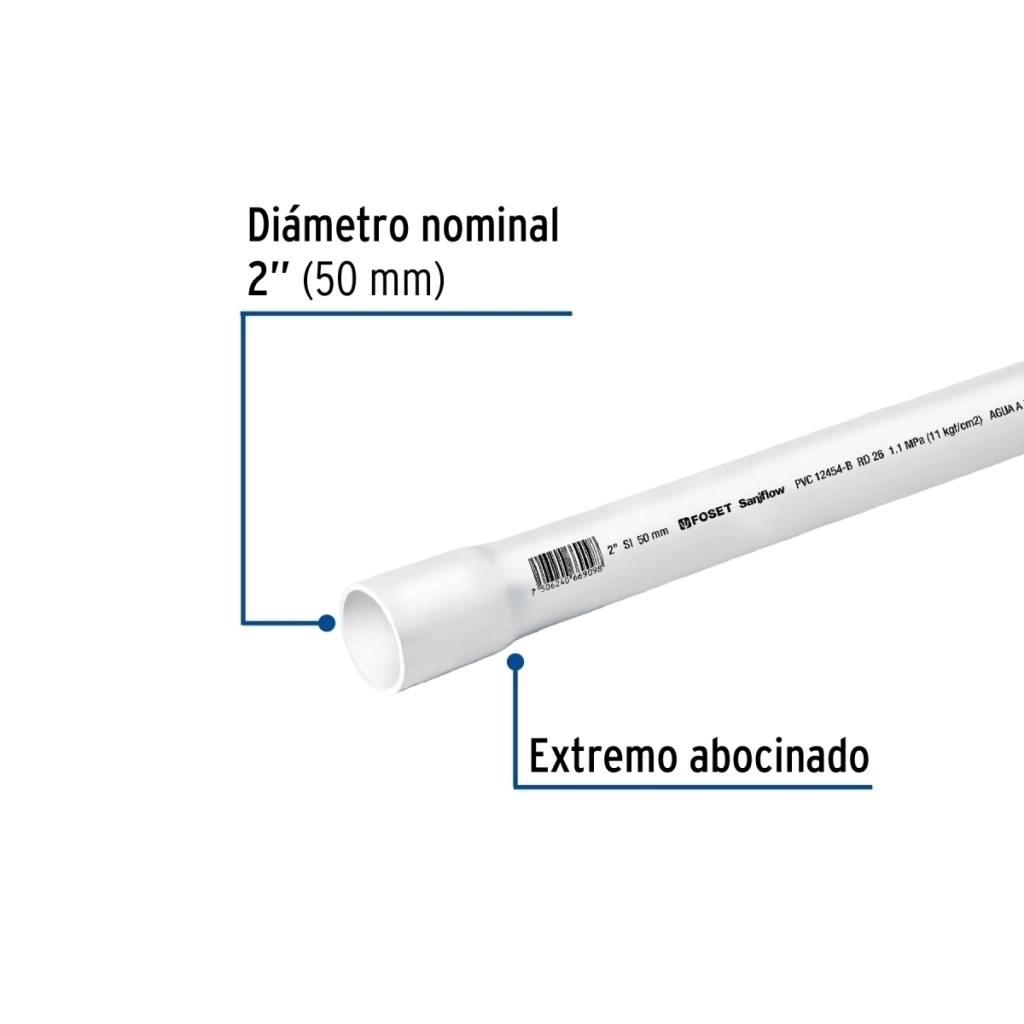 TUBO PVC HIDRAULICO RD26 2 X 3M DE LARGO MARCA FOSET