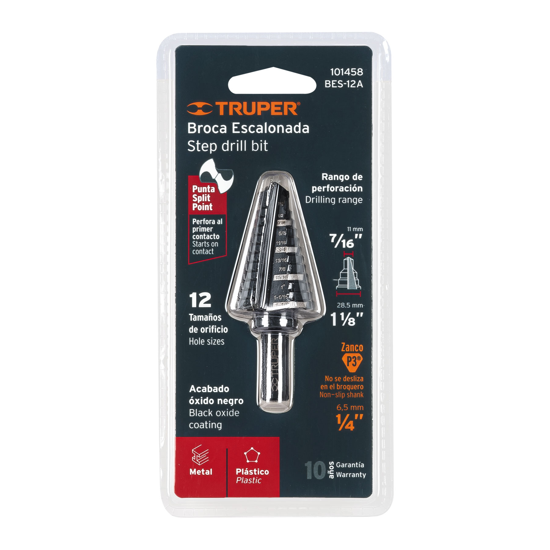 BROCA ESCALONADA OXIDO NEGRO 12 ESCALONES 7/16 A 1 1/8 MARCA  TRUPER