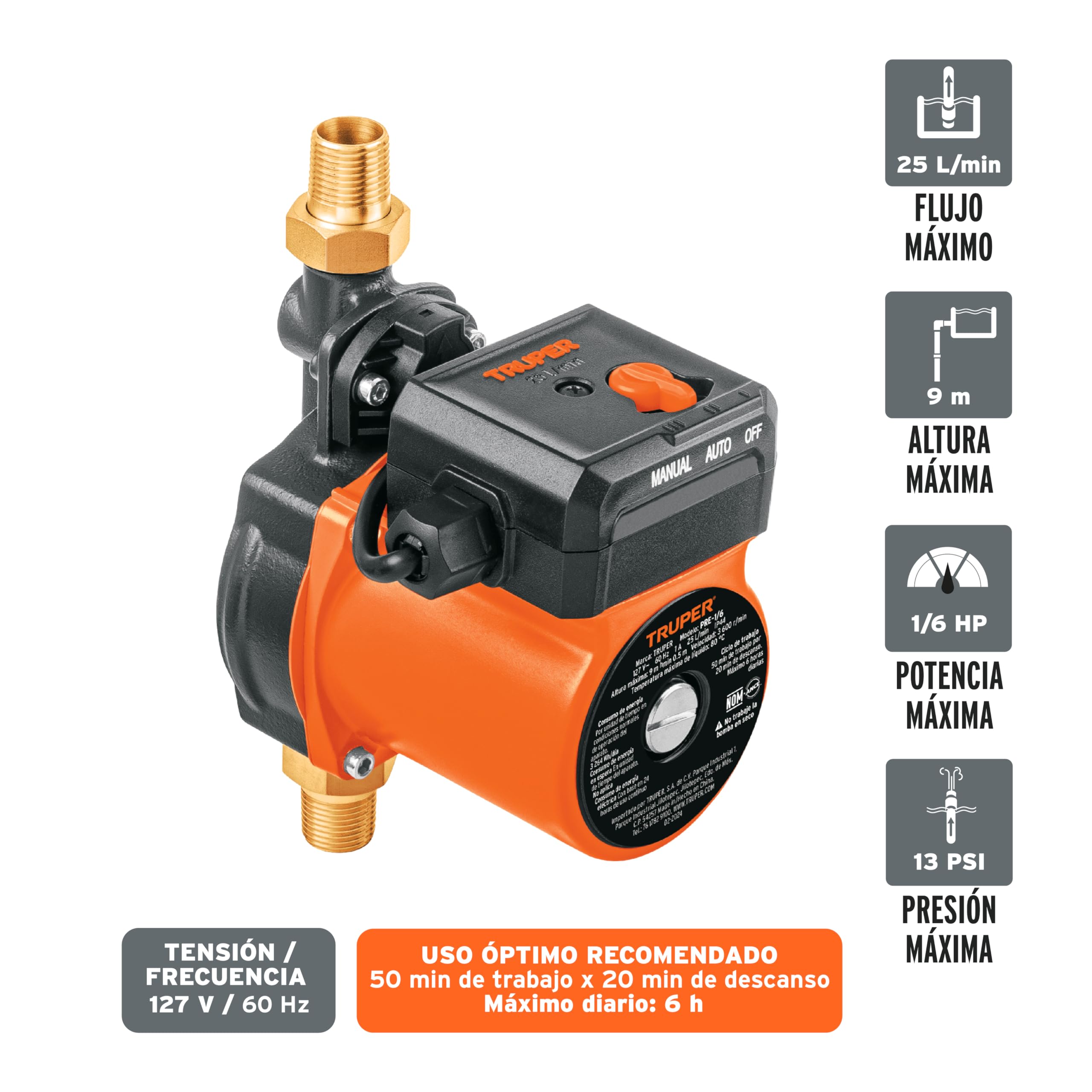 BOMBA PRESURIZADORA 1/6 HP MARCA TRUPER