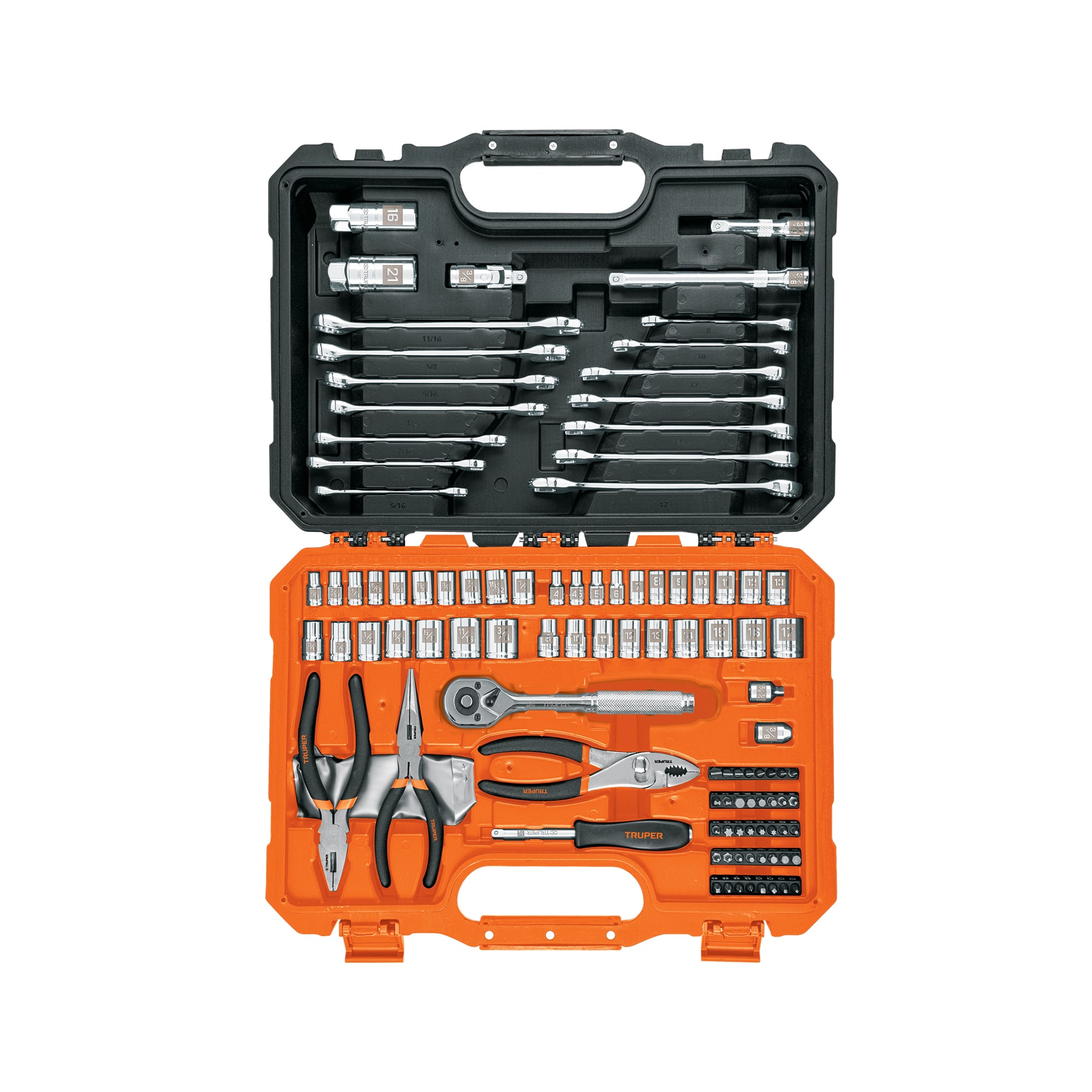 JUEGO DE 25 HERRAMIENTAS DE CUADRO 1/2 STD Y MM PARA MECANICO MOD 13938 MARCA TRUPER