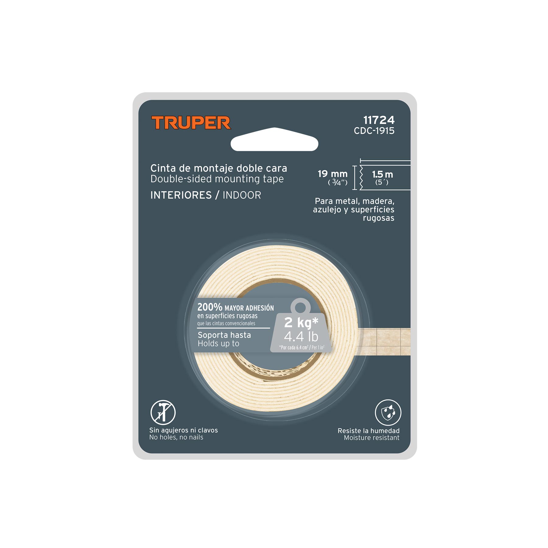 CINTA DE MONTAJE DOBLE CARA 19MM X 1.5M MARCA TRUPER