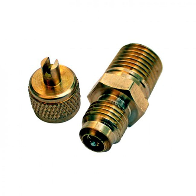 CONECTOR CU 1/4 FLARE 1/4NPT CON TAPON Y VALVULA DE SERVICIO MARCA GB