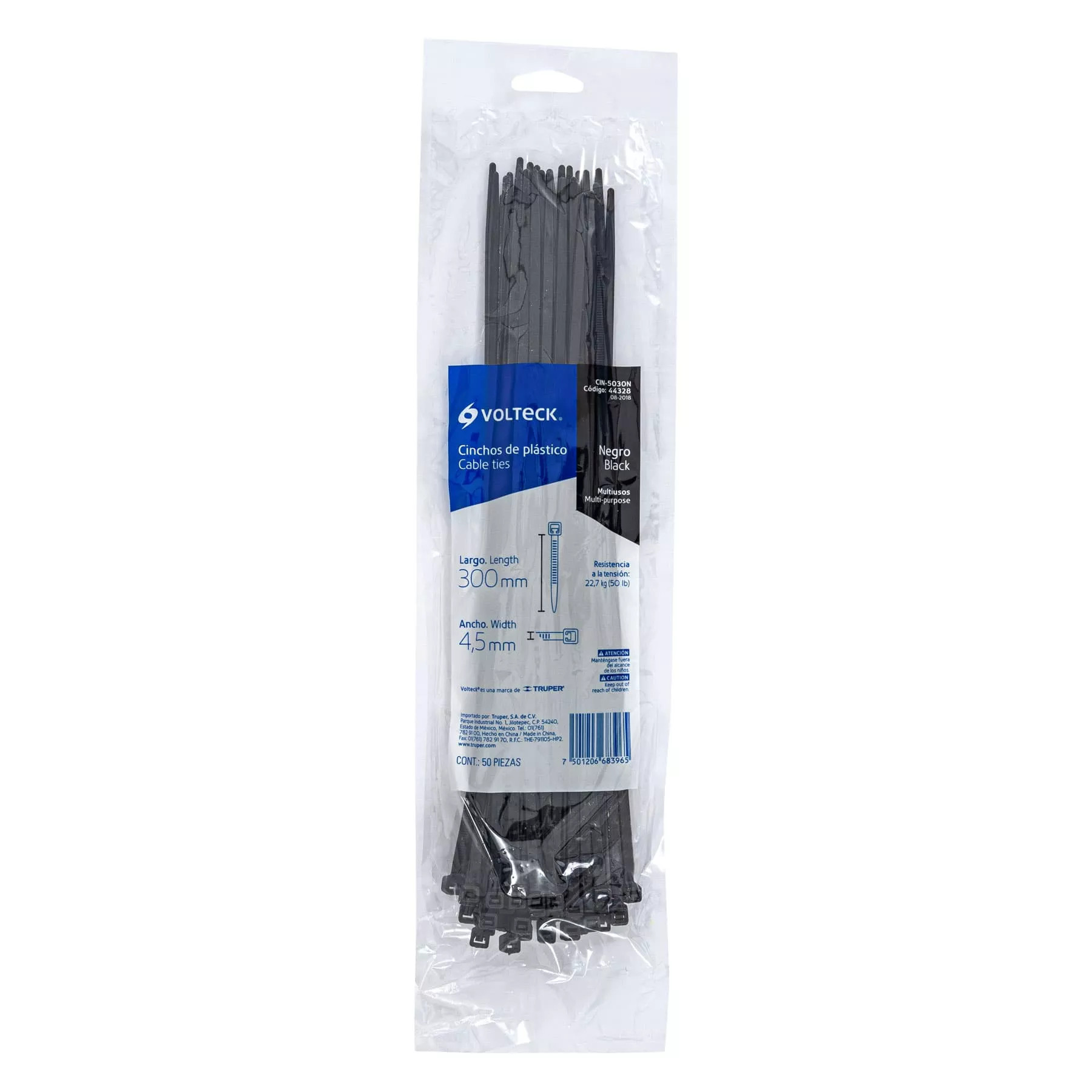 BOLSA CON 50 CINCHOS PLÁSTICOS 50 LB 300X4.5 MM NEGROS