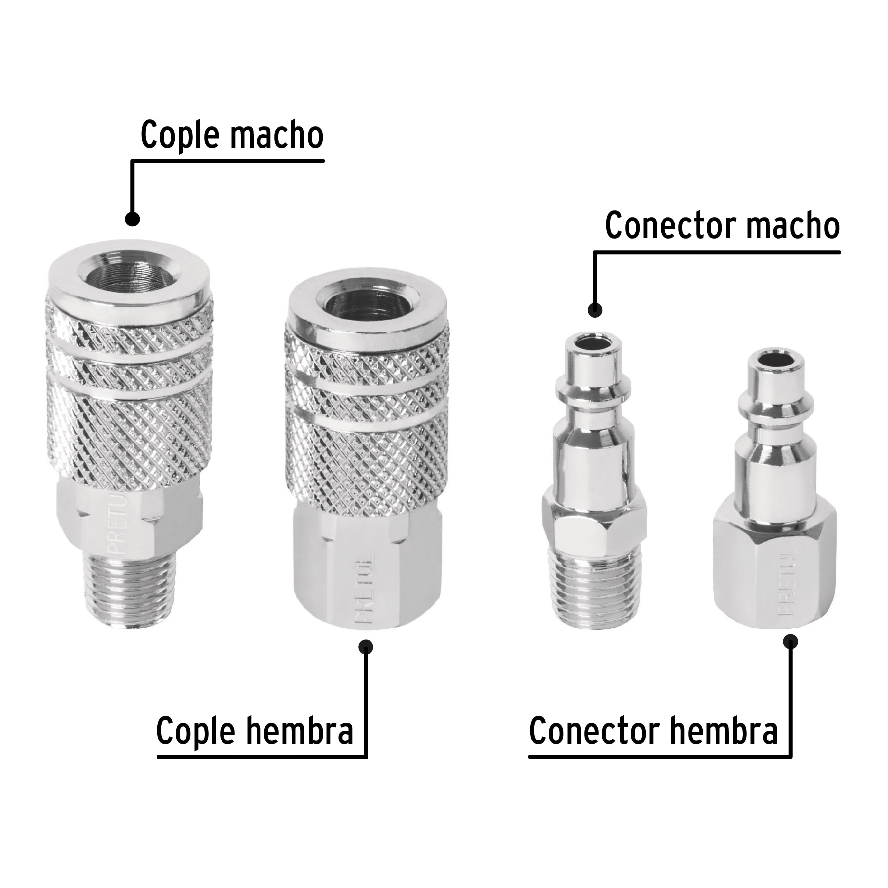 JUEGO  COPLES Y CONECTORES RAPIDOS PARA AIRE 1/4 MARCA TRUPER